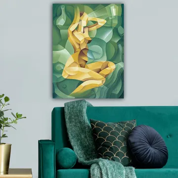 Lerretsbilde 70x100 cm - Stilisert nakenfigur sittende med én hånd bak hodet, omgitt av organiske former - Gul / Grønn - Interiør - Maleri & posters - Lerretsbilder
