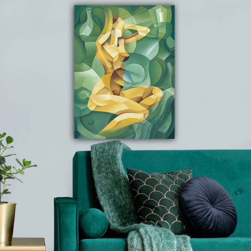 Lerretsbilde 70x100 cm - Stilisert nakenfigur sittende med én hånd bak hodet, omgitt av organiske former - Gul / Grønn - Interiør - Maleri & posters - Lerretsbilder