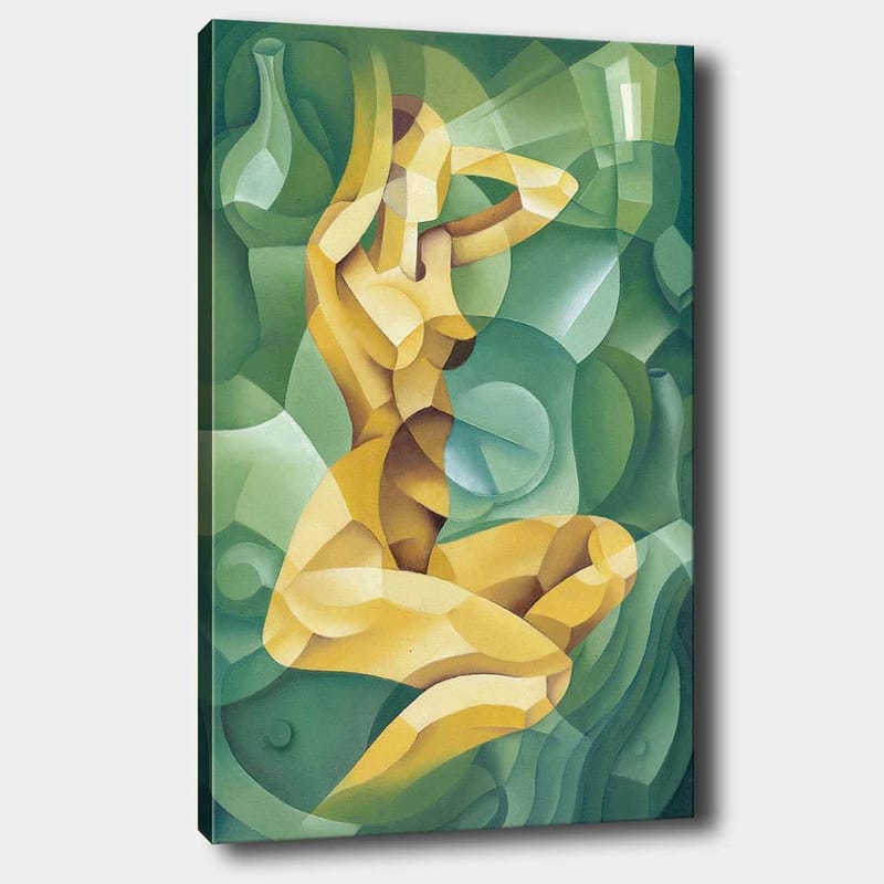 Lerretsbilde 70x100 cm - Stilisert nakenfigur sittende med én hånd bak hodet, omgitt av organiske former, Gul / Grønn