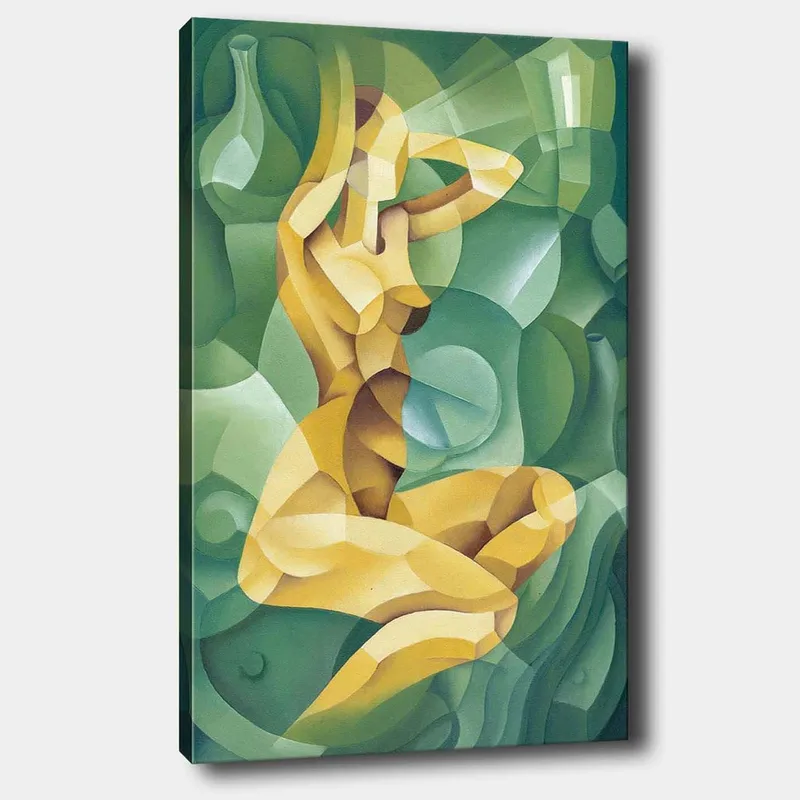 Lerretsbilde 70x100 cm - Stilisert nakenfigur sittende med én hånd bak hodet, omgitt av organiske former, Gul / Grønn
