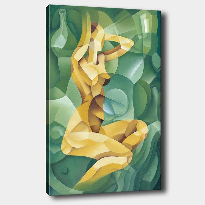Lerretsbilde 70x100 cm - Stilisert nakenfigur sittende med én hånd bak hodet, omgitt av organiske former, Gul / Grønn