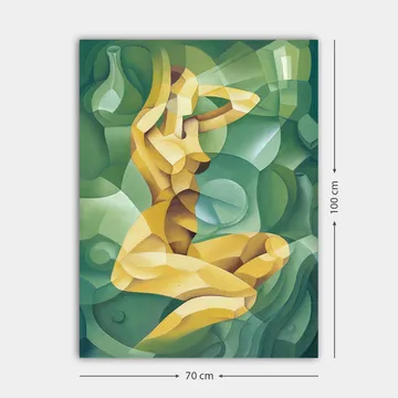 Lerretsbilde 70x100 cm - Stilisert nakenfigur sittende med én hånd bak hodet, omgitt av organiske former - Gul / Grønn - Interiør - Maleri & posters - Lerretsbilder