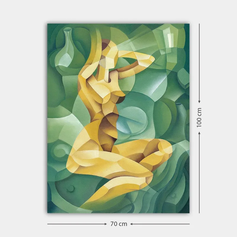 Lerretsbilde 70x100 cm - Stilisert nakenfigur sittende med én hånd bak hodet, omgitt av organiske former - Gul / Grønn - Interiør - Maleri & posters - Lerretsbilder