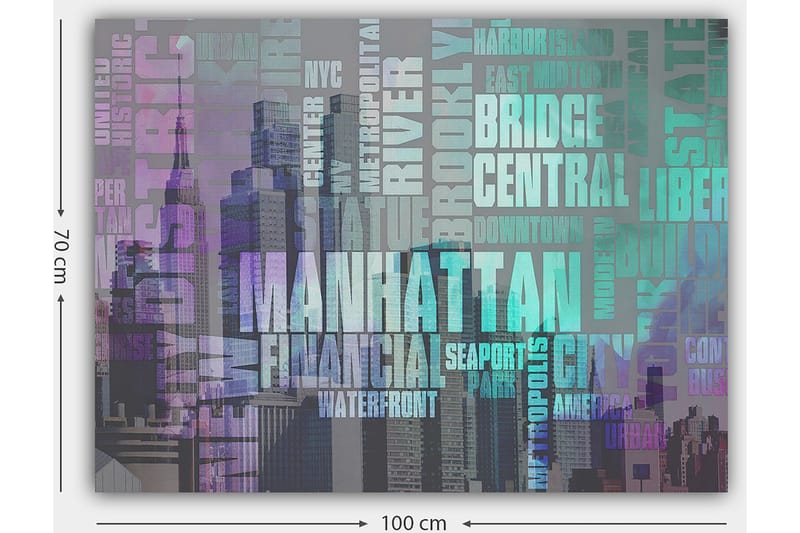 Lerretsbilde 70x100 cm - Stilisert representasjon av Manhattan med fokus på byens navn og ikoniske bygninger - Lilla / Turkis / Grå - Interiør - Maleri & posters - Lerretsbilder