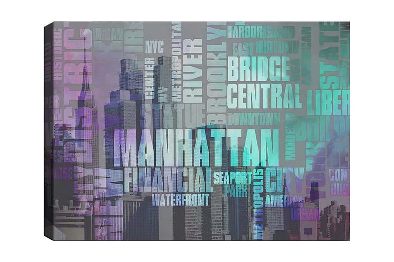 Lerretsbilde 70x100 cm - Stilisert representasjon av Manhattan med fokus på byens navn og ikoniske bygninger, Lilla / Turkis / Grå