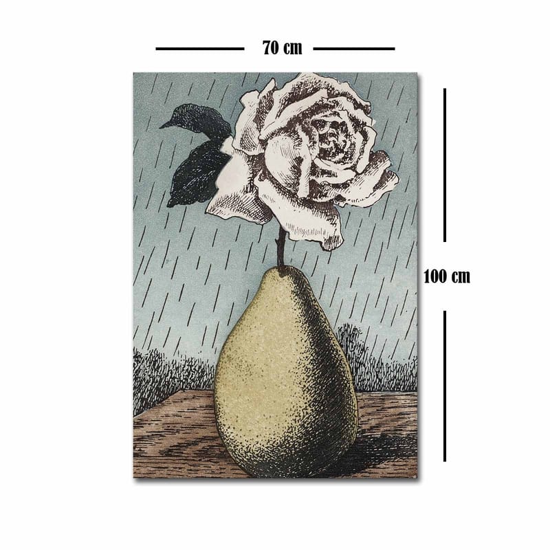 Lerretsbilde 70x100 cm - Stilisert rose i en vase formet som en pære, omgitt av regndråper - Grønn / Rosa / Blå - Interiør - Maleri & posters - Lerretsbilder