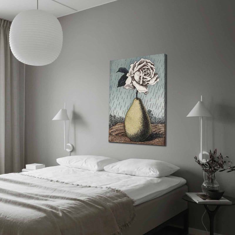 Lerretsbilde 70x100 cm - Stilisert rose i en vase formet som en pære, omgitt av regndråper, Grønn / Rosa / Blå