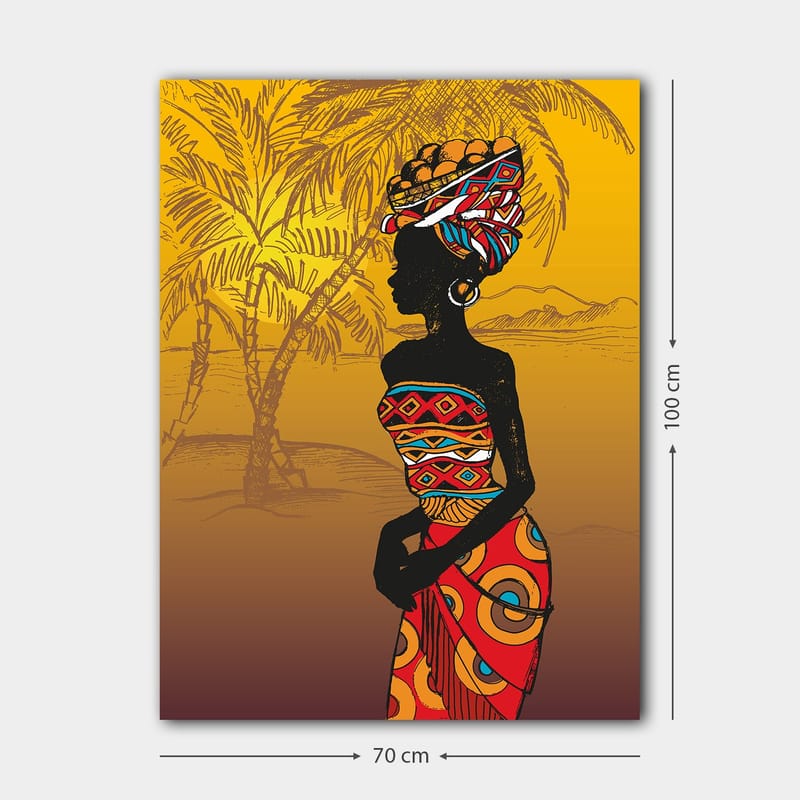 Lerretsbilde 70x100 cm - Stilisert silhuett av en kvinne med tradisjonelle klær og frukt på hodet, omgitt av palmer i solrike omgivelser - Svart / Rød / Oransje - Interiør - Maleri & posters - Lerretsbilder