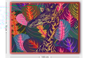 Lerretsbilde 70x100 cm - Stilisert sjiraff omgitt av fargerikt løvverk - Lilla / Grønn / Oransje - Interiør - Maleri & posters - Lerretsbilder