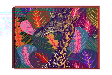Lerretsbilde 70x100 cm - Stilisert sjiraff omgitt av fargerikt løvverk - Lilla / Grønn / Oransje - Interiør - Maleri & posters - Lerretsbilder