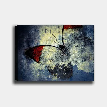 Lerretsbilde 70x100 cm - Stilisert sommerfugl med røde vinger mot en grå og blå bakgrunn - Rød / Grå / Blå - Interiør - Maleri & posters - Lerretsbilder