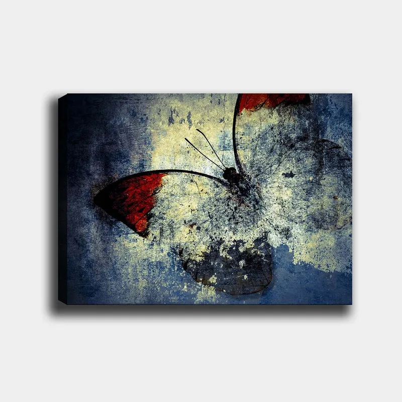 Lerretsbilde 70x100 cm - Stilisert sommerfugl med røde vinger mot en grå og blå bakgrunn, Rød / Grå / Blå
