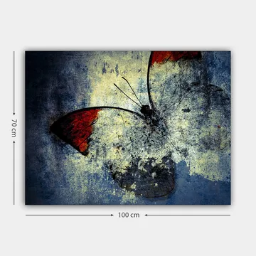 Lerretsbilde 70x100 cm - Stilisert sommerfugl med røde vinger mot en grå og blå bakgrunn - Rød / Grå / Blå - Interiør - Maleri & posters - Lerretsbilder