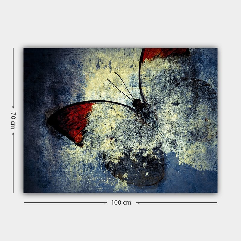 Lerretsbilde 70x100 cm - Stilisert sommerfugl med røde vinger mot en grå og blå bakgrunn - Rød / Grå / Blå - Interiør - Maleri & posters - Lerretsbilder