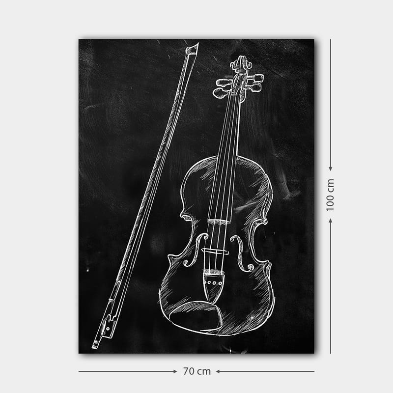 Lerretsbilde 70x100 cm - Stilisert tegning av en fiolin og en fiolinstokk på svart bakgrunn - Hvit / Svart - Interiør - Maleri & posters - Lerretsbilder