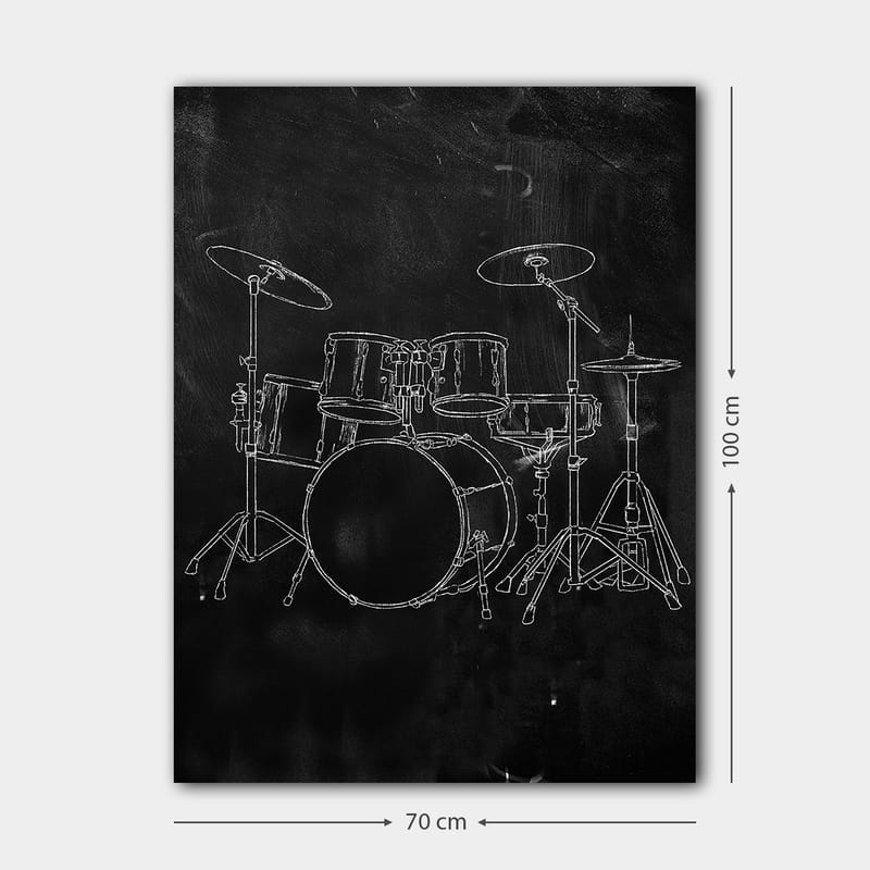 Lerretsbilde 70x100 cm - Stilisert tegning av et trommesett på svart bakgrunn - Svart / Hvit - Interiør - Maleri & posters - Lerretsbilder