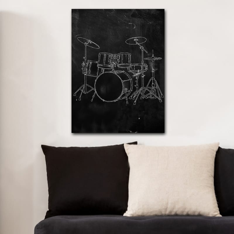 Lerretsbilde 70x100 cm - Stilisert tegning av et trommesett på svart bakgrunn - Svart / Hvit - Interiør - Maleri & posters - Lerretsbilder
