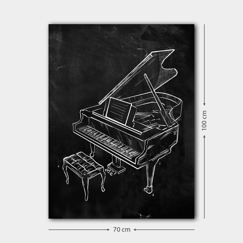 Lerretsbilde 70x100 cm - Stilisert tegning av et piano med en benk - Hvit / Svart - Interiør - Maleri & posters - Lerretsbilder