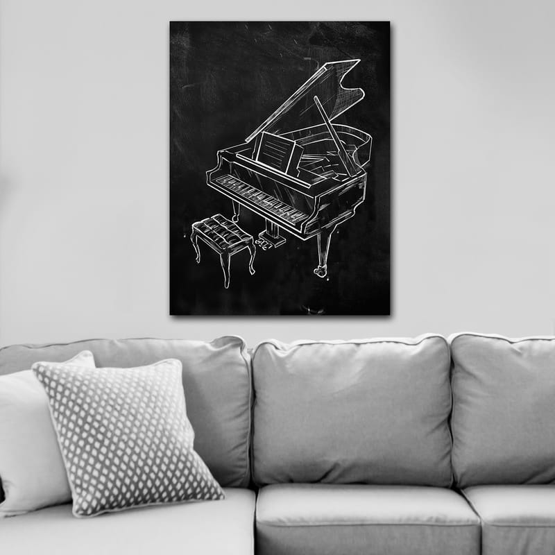 Lerretsbilde 70x100 cm - Stilisert tegning av et piano med en benk - Hvit / Svart - Interiør - Maleri & posters - Lerretsbilder