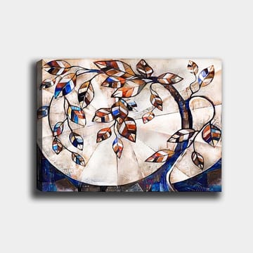 Lerretsbilde 70x100 cm - Stilisert tregren med fargerike blader som strekker seg over en lys bakgrunn - Mørk blå / Oransje / Hvit - Interiør - Maleri & posters - Lerretsbilder