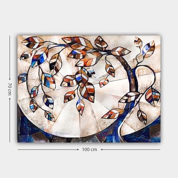 Lerretsbilde 70x100 cm - Stilisert tregren med fargerike blader som strekker seg over en lys bakgrunn - Mørk blå / Oransje / Hvit - Interiør - Maleri & posters - Lerretsbilder