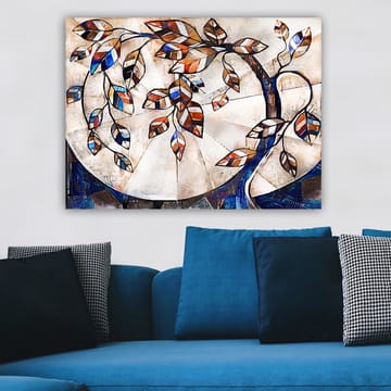 Lerretsbilde 70x100 cm - Stilisert tregren med fargerike blader som strekker seg over en lys bakgrunn - Mørk blå / Oransje / Hvit - Interiør - Maleri & posters - Lerretsbilder