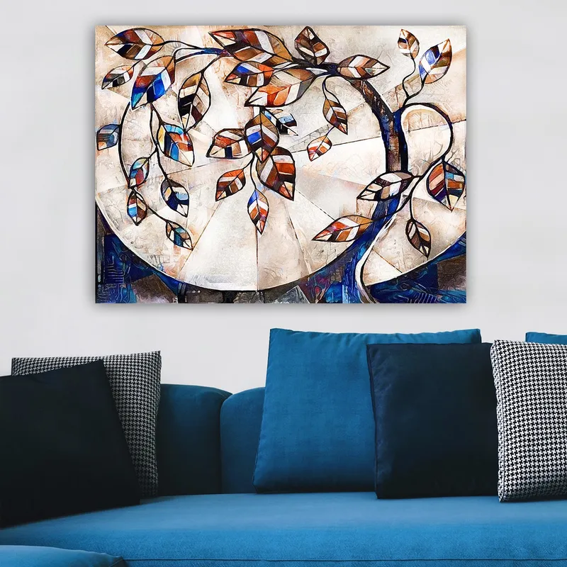Lerretsbilde 70x100 cm - Stilisert tregren med fargerike blader som strekker seg over en lys bakgrunn - Mørk blå / Oransje / Hvit - Interiør - Maleri & posters - Lerretsbilder