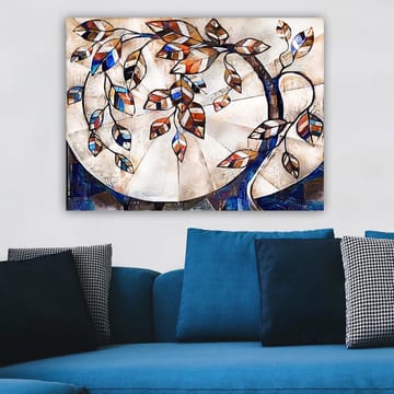 Lerretsbilde 70x100 cm - Stilisert tregren med fargerike blader som strekker seg over en lys bakgrunn - Mørk blå / Oransje / Hvit - Interiør - Maleri & posters - Lerretsbilder