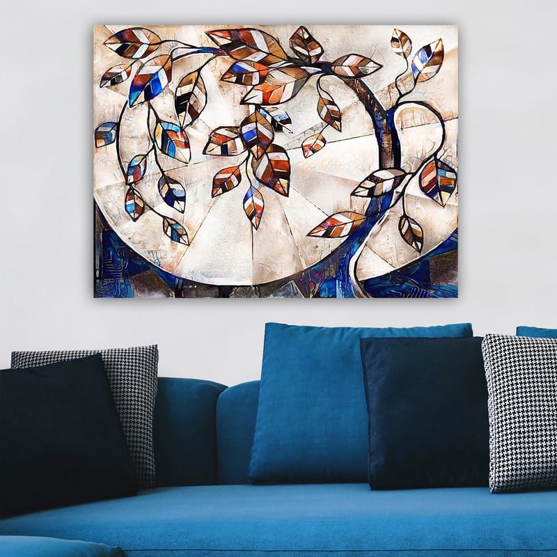 Lerretsbilde 70x100 cm - Stilisert tregren med fargerike blader som strekker seg over en lys bakgrunn - Mørk blå / Oransje / Hvit - Interiør - Maleri & posters - Lerretsbilder