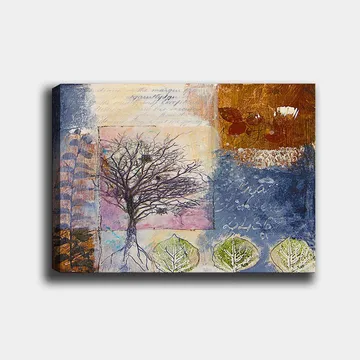 Lerretsbilde 70x100 cm - Stilisert treskulptur med røtter og blader i en fargerik komposisjon - Mørk blå / Brun / Grønn - Interiør - Maleri & posters - Lerretsbilder