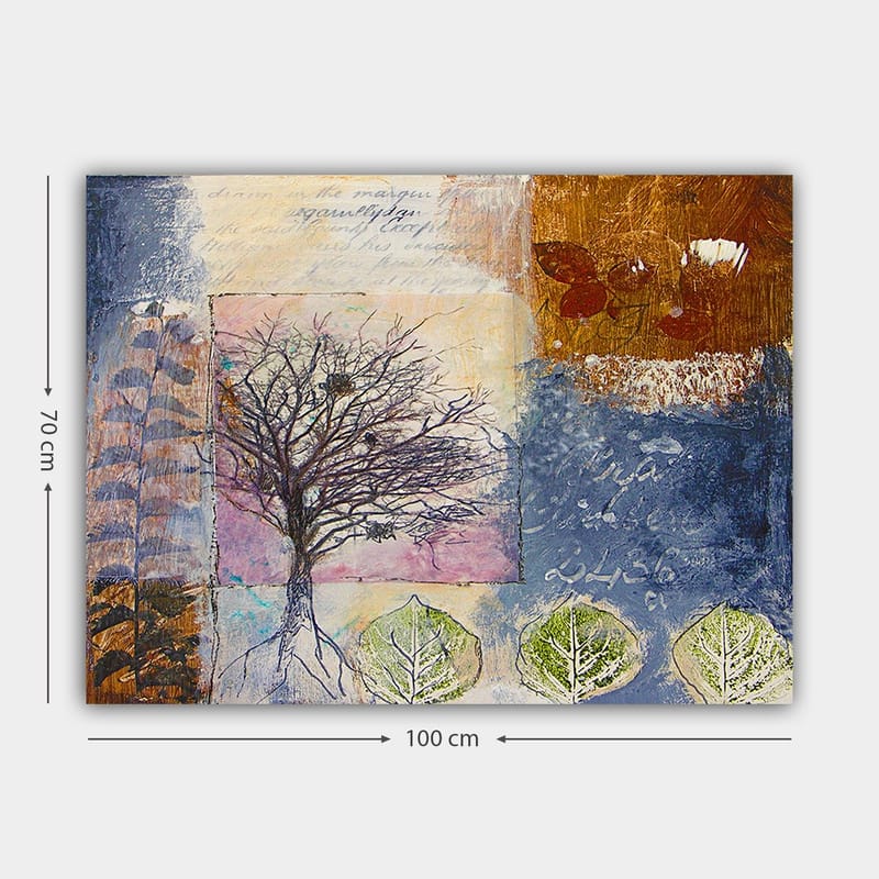 Lerretsbilde 70x100 cm - Stilisert treskulptur med røtter og blader i en fargerik komposisjon - Mørk blå / Brun / Grønn - Interiør - Maleri & posters - Lerretsbilder