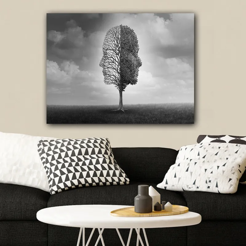 Lerretsbilde 70x100 cm - Stilisert trestruktur som danner en ansiktsprofil i svart-hvitt - Svart / Hvit / Grå - Interiør - Maleri & posters - Lerretsbilder