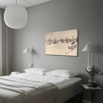 Lerretsbilde 70x100 cm - Stilisert utsikt over en havn med båter og master i silhuett - Svart / Beige - Interiør - Maleri & posters - Lerretsbilder