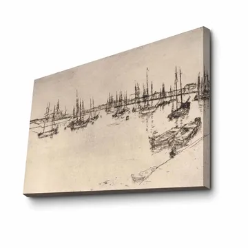 Lerretsbilde 70x100 cm - Stilisert utsikt over en havn med båter og master i silhuett - Svart / Beige - Interiør - Maleri & posters - Lerretsbilder