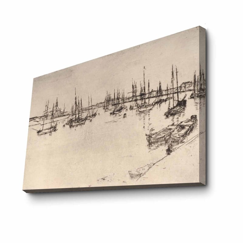 Lerretsbilde 70x100 cm - Stilisert utsikt over en havn med båter og master i silhuett - Svart / Beige - Interiør - Maleri & posters - Lerretsbilder