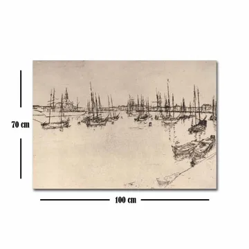 Lerretsbilde 70x100 cm - Stilisert utsikt over en havn med båter og master i silhuett - Svart / Beige - Interiør - Maleri & posters - Lerretsbilder