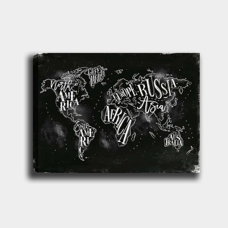 Lerretsbilde 70x100 cm - Stilisert verdenskart med geografiske navn i hvit tekst mot svart bakgrunn, Svart / Hvit