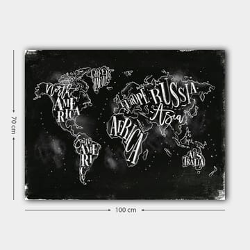 Lerretsbilde 70x100 cm - Stilisert verdenskart med geografiske navn i hvit tekst mot svart bakgrunn - Svart / Hvit - Interiør - Maleri & posters - Lerretsbilder