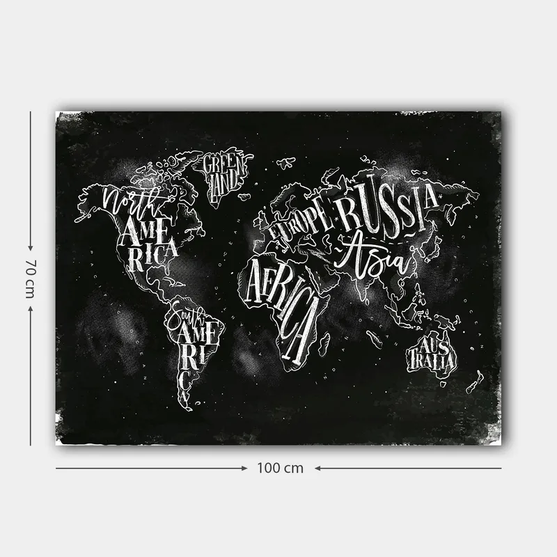 Lerretsbilde 70x100 cm - Stilisert verdenskart med geografiske navn i hvit tekst mot svart bakgrunn - Svart / Hvit - Interiør - Maleri & posters - Lerretsbilder