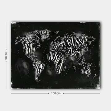Lerretsbilde 70x100 cm - Stilisert verdenskart med geografiske navn i hvit tekst mot svart bakgrunn - Svart / Hvit - Interiør - Maleri & posters - Lerretsbilder