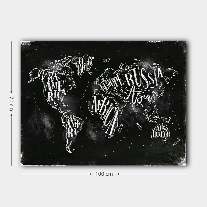 Lerretsbilde 70x100 cm - Stilisert verdenskart med geografiske navn i hvit tekst mot svart bakgrunn - Svart / Hvit - Interiør - Maleri & posters - Lerretsbilder