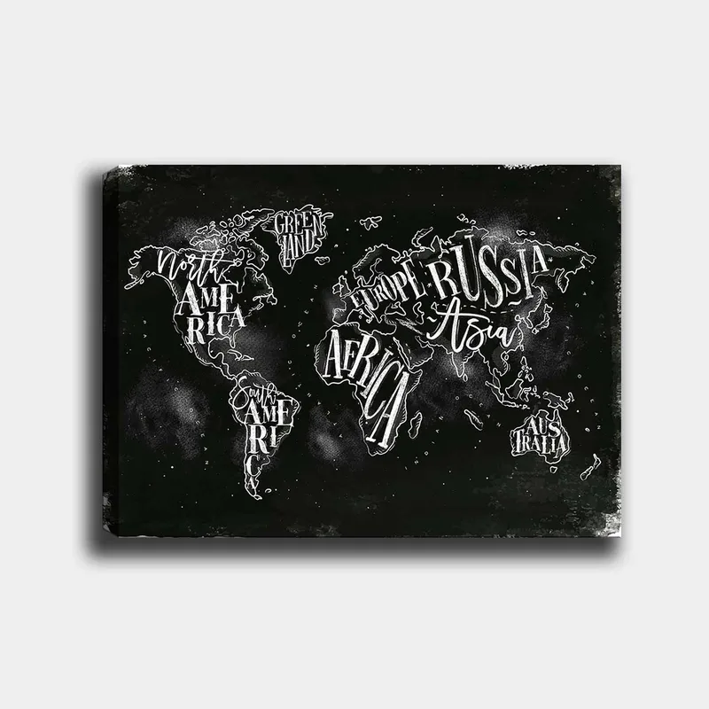 Lerretsbilde 70x100 cm - Stilisert verdenskart med geografiske navn i hvit tekst mot svart bakgrunn, Svart / Hvit