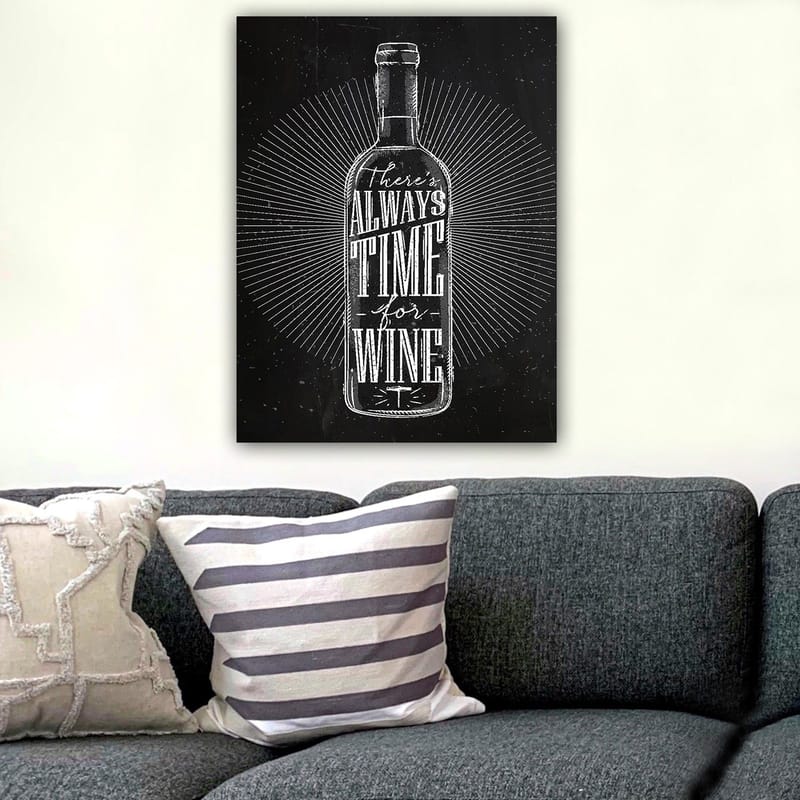 Lerretsbilde 70x100 cm - Stilisert vinflaske med teksten There's always time for wine i et moderne design - Svart / Hvit - Interiør - Maleri & posters - Lerretsbilder