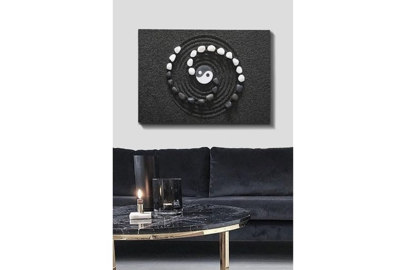 Lerretsbilde 70x100 cm - Stilisert yin-yang-symbol omgitt av svarte og hvite steiner i en spiralkomposisjon, Svart / Hvit