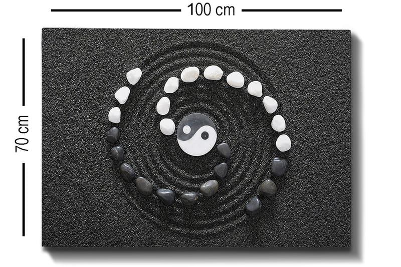 Lerretsbilde 70x100 cm - Stilisert yin-yang-symbol omgitt av svarte og hvite steiner i en spiralkomposisjon - Svart / Hvit - Interiør - Maleri & posters - Lerretsbilder