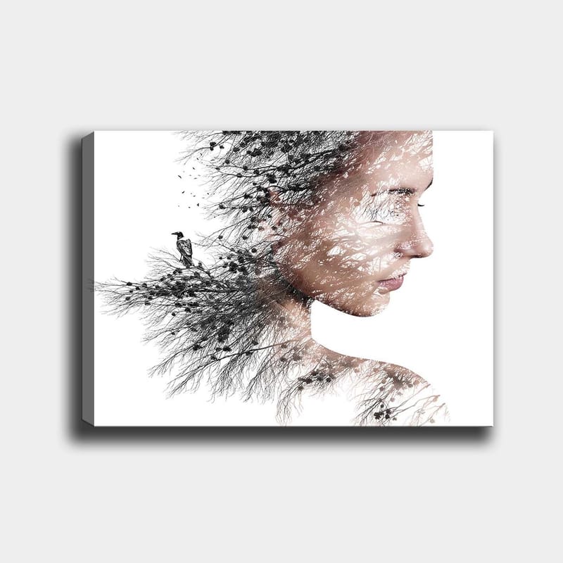 Lerretsbilde 70x100 cm - Stilisert portrett av en kvinne med trær og fugler som en del av silhuetten hennes, Svart / Grå / Brun