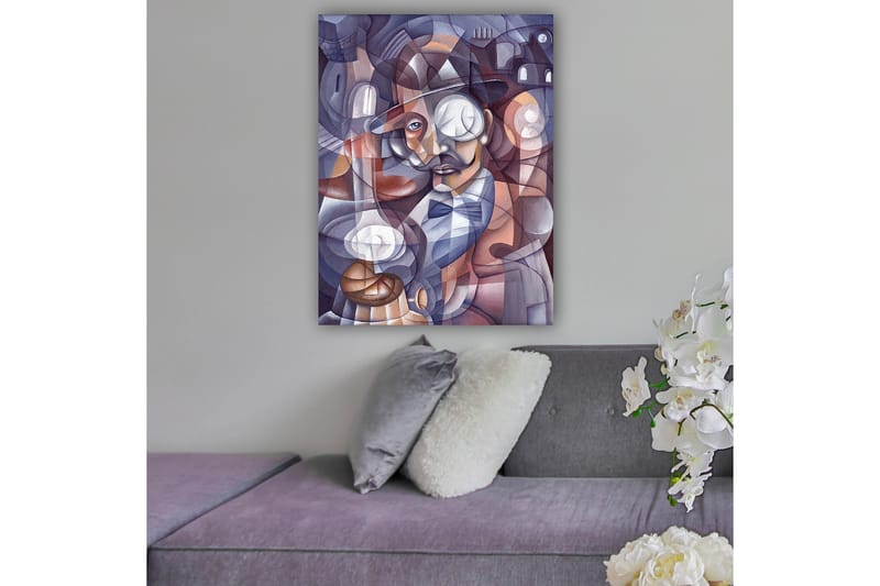 Lerretsbilde 70x100 cm - Stilisert portrett av en mann med hatt og monokkel, omgitt av abstrakte former og lyskilder - Mørk blå / Beige / Burgunder - Interiør - Maleri & posters - Lerretsbilder