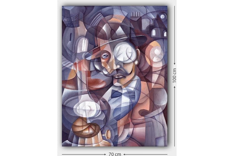 Lerretsbilde 70x100 cm - Stilisert portrett av en mann med hatt og monokkel, omgitt av abstrakte former og lyskilder - Mørk blå / Beige / Burgunder - Interiør - Maleri & posters - Lerretsbilder