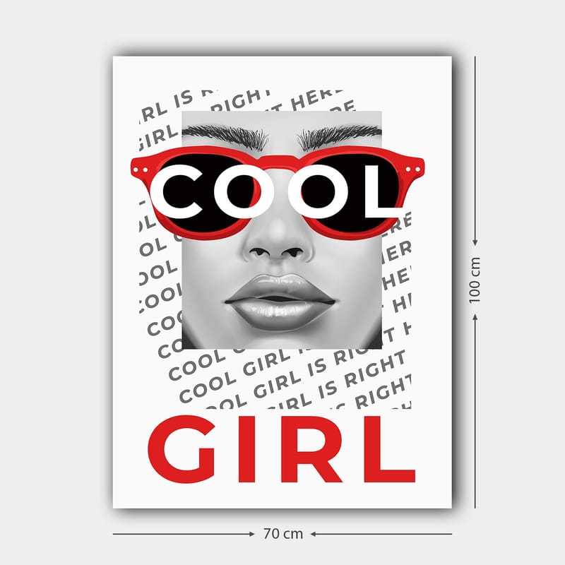 Lerretsbilde 70x100 cm - Stilisert portrett av en kvinne med kule solbriller - Rød / Svart / Grå - Interiør - Maleri & posters - Lerretsbilder