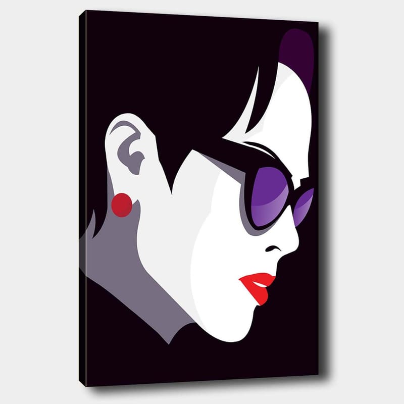 Lerretsbilde 70x100 cm - Stilisert profil av en kvinne med solbriller og rød leppestift, Svart / Hvit / Lilla